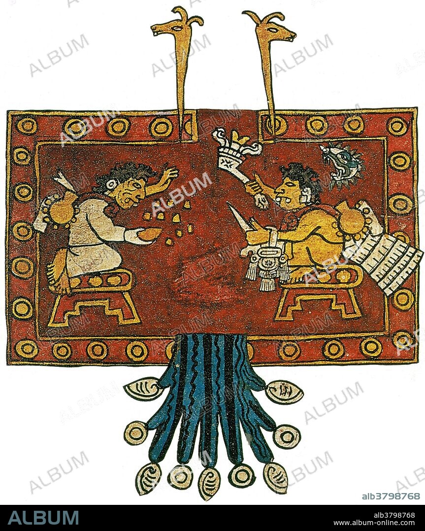 The old couple Oxomoco and Cipactonal, believed to be the ancestors of all humans, casting lots with grains of corn and burning incense. Cipactonal is the Aztec god of astrology and calendars. Oxomoco and Cipactonal were said to be the first human couple, and the Aztec comparison to Adam and Eve in regards to human creation and evolution. Some scholars claim that Cipactonal was the female and Oxomoco the male and that they were sorcerers and magicians.The Codex Borbonicus is an Aztec codex written by Aztec priests shortly before or after the Spanish conquest of Mexico. Like all pre-Columbian codices, it was originally entirely pictorial in nature, although some Spanish descriptions were later added. There is dispute as to whether the Codex Borbonicus is pre-Columbian, as the calendar pictures all contain room above them for Spanish descriptions.