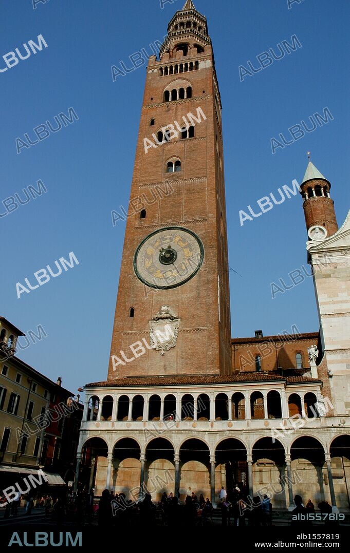 Italy. Cremona. Bell tower of the Cremona Cathedral, known commonly by Torrazzo. 13th century. Lombardy.