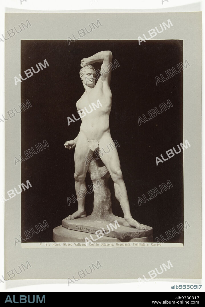 Sculpture of Creugas in fighting pose, N. 1213 Roma. Museo Vaticano. Cortile Ottagono, Greugante, Pugillatore. Canova (title on object), anonymous, Rome, c. 1880 - c. 1904, paper, albumen print, height 255 mm × width 200 mmheight 327 mm × width 241 mm.