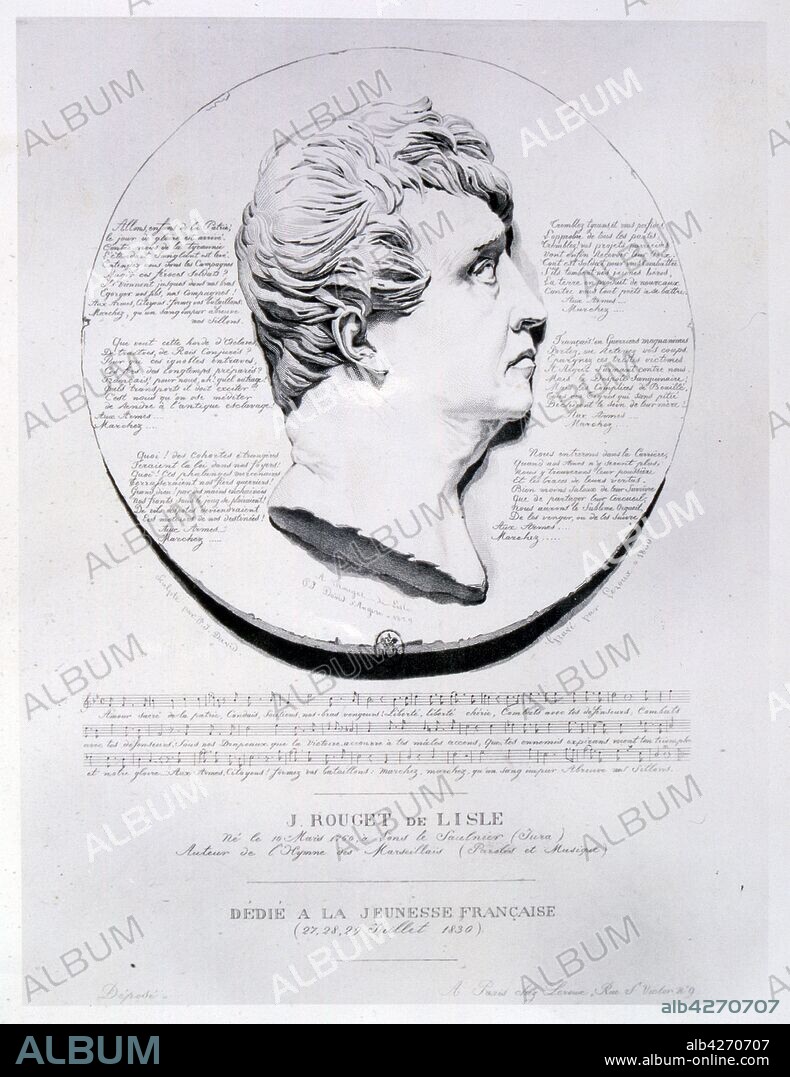 Claude Joseph Rouget de Lisle (1760 – 1836), French army officer of the French Revolutionary Wars. Known for writing the words and music of the Chant de guerre pour l'armee du Rhin in 1792, which would later be known as La Marseillaise and become the French national anthem.