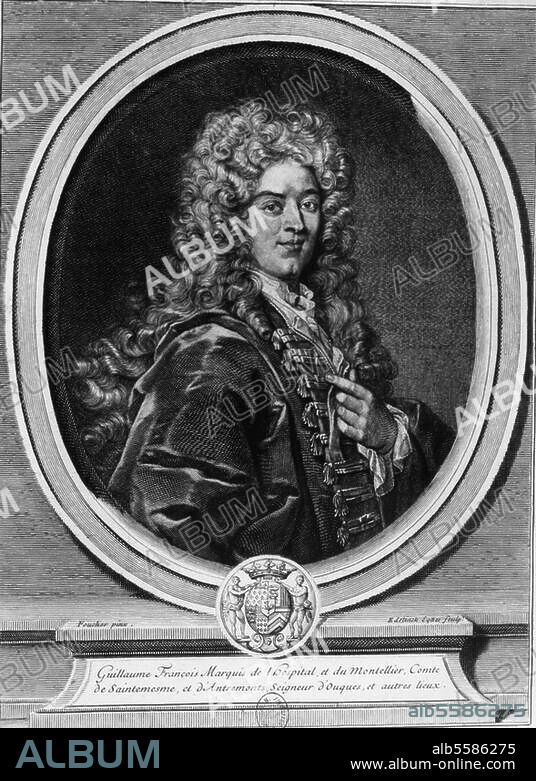 L'Hopital, Guillaume François de. franz. Mathematiker, Paris 1661 - Paris 1704. "GUILLAUME FRANÇOIS MARQUIS DE L'HOSPITAL, ET DU MONTELLIER, (..) ". Kupferstich, undat., von Edelinck nach Gemälde von Nicolas Foucher (Fouché, 1653-1733).
