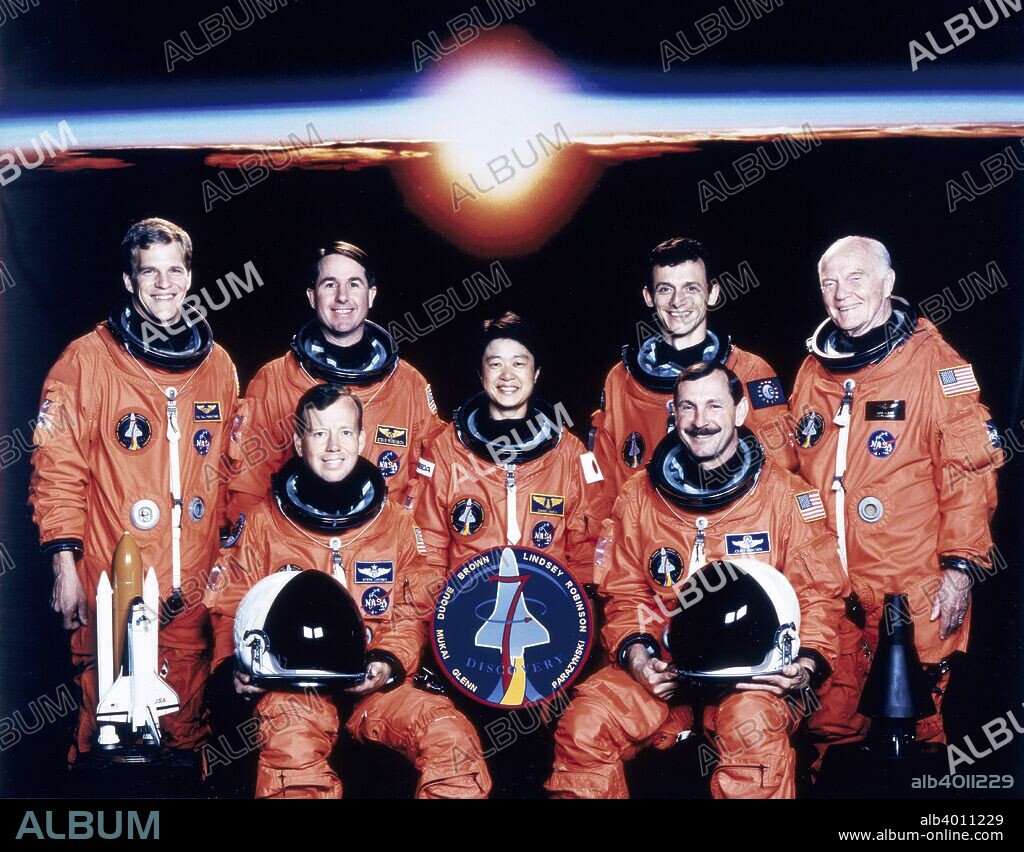 John Glenn and crew, June 1998. Seated are Curtis L Brown and Steven W Lindsey. Standing, from the left are Scott F Parazynski and Steven K Robinson, Chiaki Mukai, Pedro Duque and John H Glenn. In October 1998, the STS-95 mission flew from the Kennedy Space Center with the aim of examining the effects of space flight and ageing, for which Glenn was the test subject. During the 3.5 million mile journey, over eighty scientific experiments were carried out to learn more about the human body and how the sun affects life on Earth.