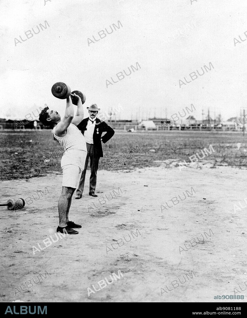 St Louis, USA.1904 Olympic Games: Perikles Kakousis in action in the bar bell, weight-lifting competition.
