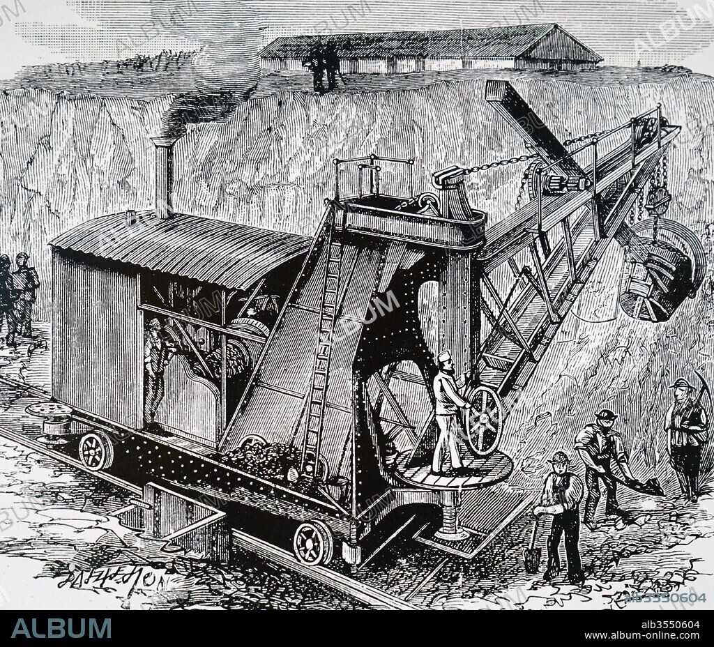 Engraving depicting a steam shovel, also known as a steam navvy, which used a large ladle to remove earth from the working surface. Dated 19th century.