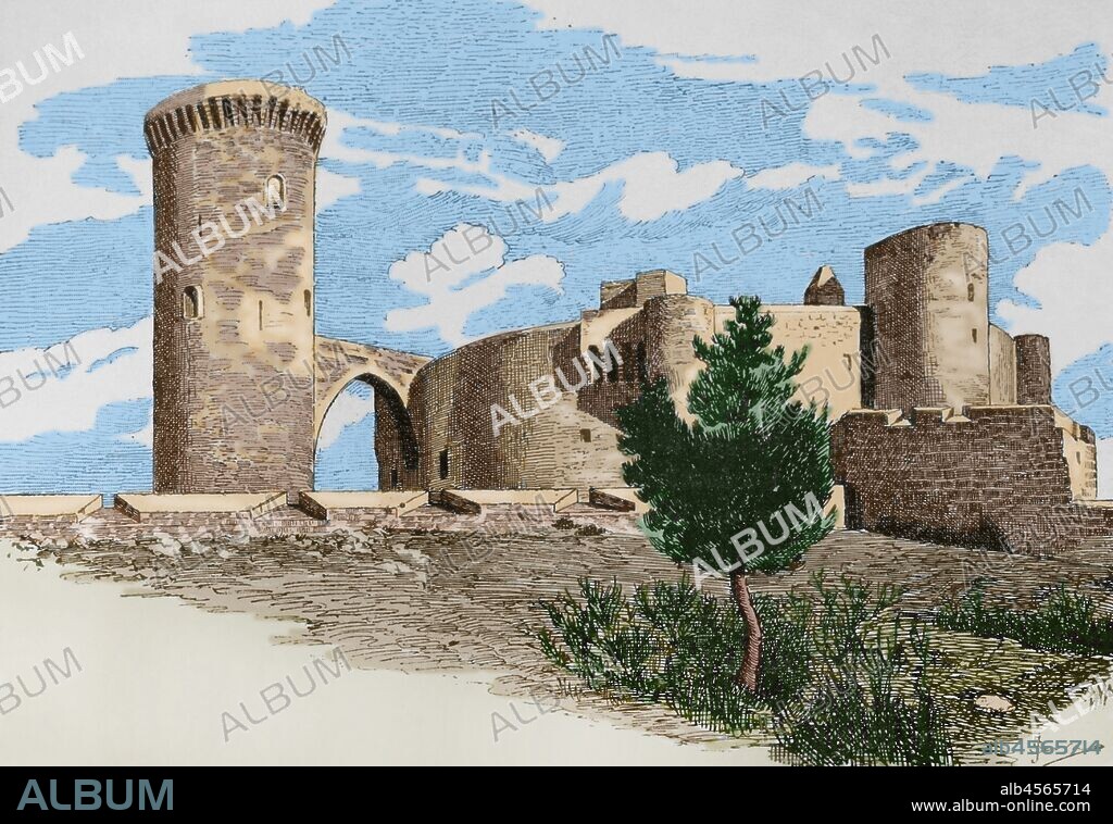 España. Islas Baleares. Mallorca. Castillo de Bellver. "Museo Militar del Ejército Español", Tomo I. Evaristo Ullastres Editor. Barcelona, 1883. Coloreado.