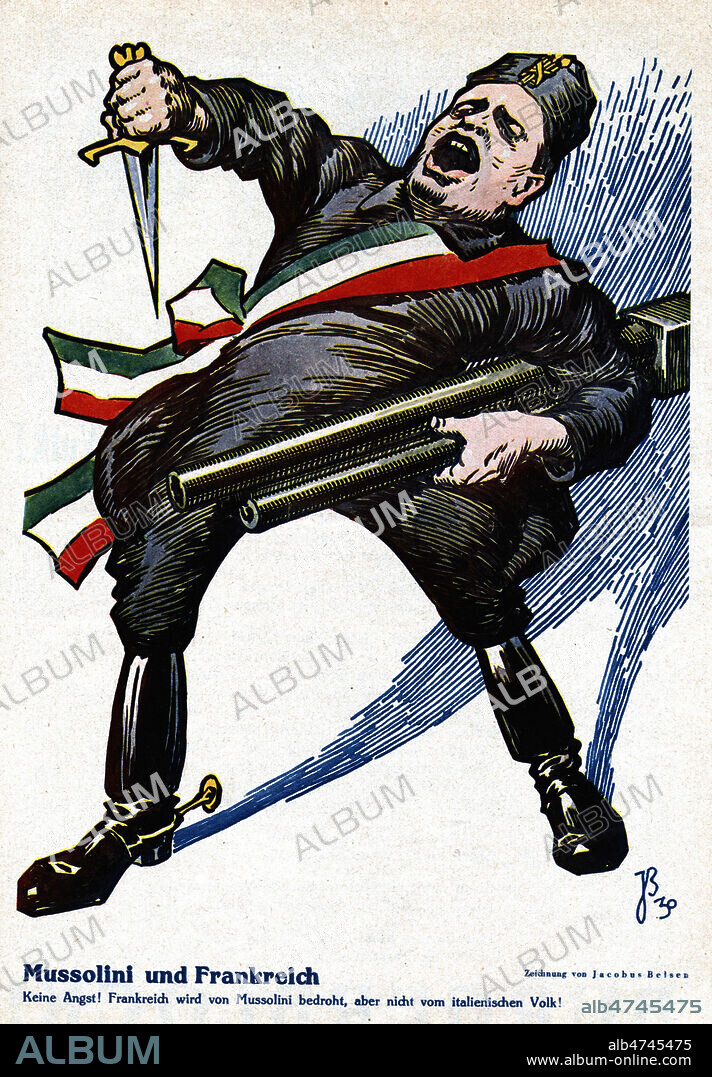 (MUSSOLINI et la France. La France est menacee par Benito MUSSOLINI (1883-1945) et pas par le peuple italien. Illustration Caricature de Jacobus BELSEN ( 1870-1937) pour Der Wahre Jacob du 30 aout 1930. Credit : Coll. Dixmier/KHARBINE-TAPABOR.