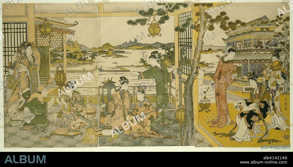 Chinese Beauties at a Banquet. Kitagawa Utamaro ??? ??; Japanese, 1753 (?)-1806. Date: 1783-1795. Dimensions: 37.1 x 75.5 cm. Color woodblock prints; oban triptych. Origin: Japan.