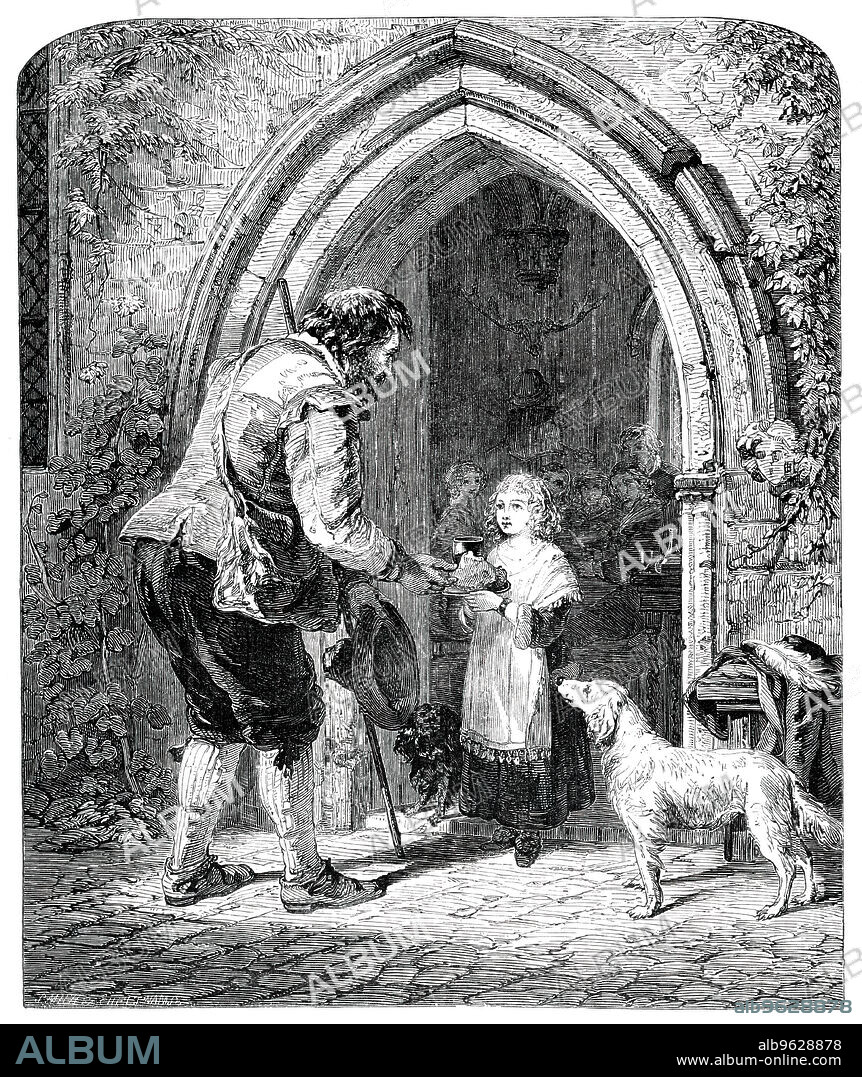 SMITH & CHELTNAM. Royal Academy Exhibition - No. 221. - "Hospitality - The Mote, Ightham, Kent" - painted by J. C. Horsley, 1850. London exhibition of painting. 'The Mote at Ightham, in Kent, in front of which Mr. Horsley has laid the scene of his pleasing picture called "Hospitality," is too often neglected, both by the tourist and the antiquary. It lies the distance of a short and pleasant walk from Sevenoaks, and the Hall is very perfect, and of fourteenth-century work. Mr. Horsley's; explanatory motto: "Use hospitality one to another, without grudging", is excellently suited to the subject of his picture'. A young girl stands in an arched doorway, handing a plate of food to a traveller. Ightham Mote is one of the most complete small medieval manor houses in England. The engraving may have been used for one of the first Christmas cards. From "Illustrated London News", 1850.