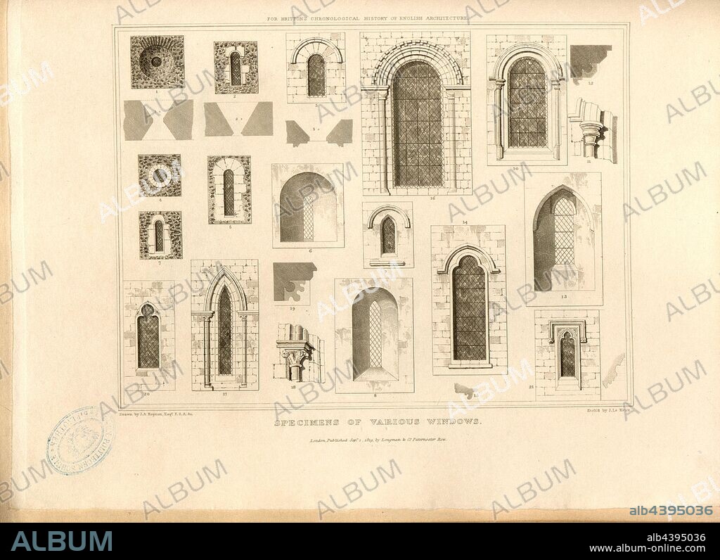 Specimens of various windows, Various stained-glass windows, signed: Drawn by J. A. Repton; Etch'd by J. Le Keux; Published by Longman & Co, Fig. 76, after p. 260, Repton, John Adey (drawing); Keux, John Le (etching); Longman & Co. (published), 1819, John Britton: The architectural antiquities of Great Britain: represented and illustrated in a series of views, elevations, plans, sections and details of various ancient English edifices: with historical and descriptive accounts of each. Bd. 5. London: J. Taylor, 1807-1826.