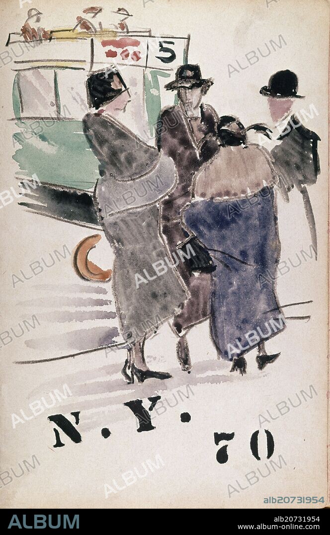 SERIE DIBUJOS DE NUEVA YORK AÑOS 20 - BURGUESES JUNTO A LA PARADA DEL AUTOBUS.