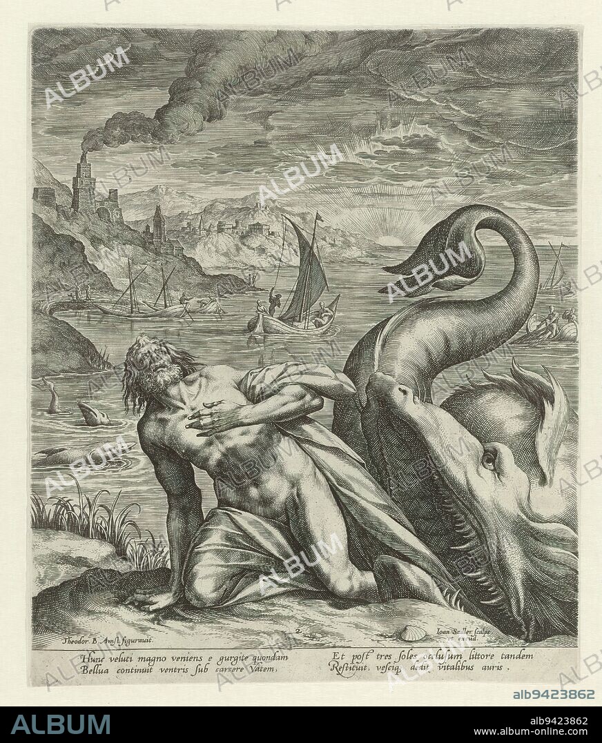 Jonah spit out by the whale, Jonah and the whale as prefiguration of the burial of Christ (series title), Jonah is spit out by the whale and crawls ashore. Fishing boats in the background. Numbered bottom center: 2., print maker: Johann Sadeler (I), (mentioned on object), after design by: Dirck Barendsz., (mentioned on object), publisher: Johann Sadeler (I), (mentioned on object), c. 1582 - before Aug-1600, paper, engraving, height 236 mm × width 184 mm.