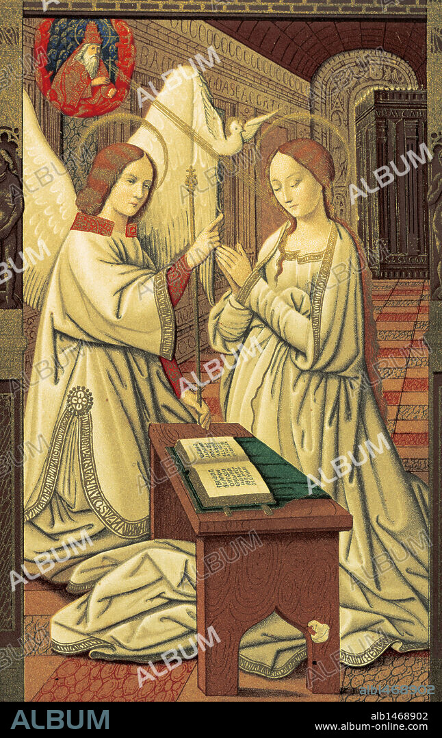 LIBRO DE HORAS. "ANUNCIACION A MARIA". Miniatura perteneciente al códice del s. XV de Ana de Bretaña (1476-1514), reina de Francia, que posteriormente perteneció a Catalina de Médicis (1519-1589). Facsímil. Biblioteca del Museo Ambrosiano. Milán. Italia.