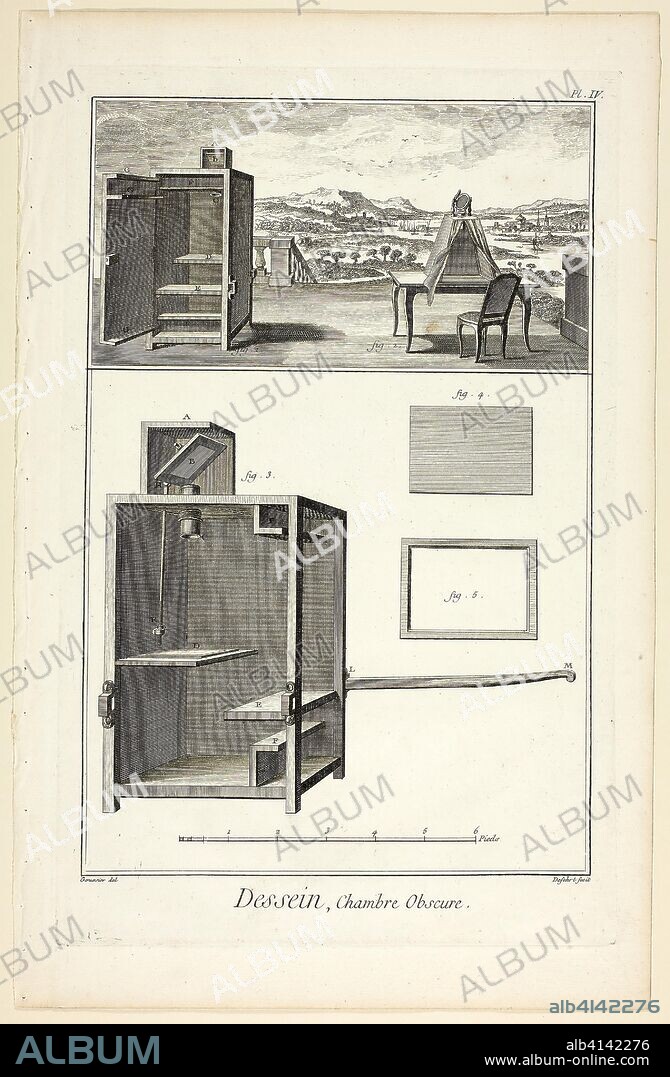 Design: Camera Obscura, from Encyclopédie. A. J. Defehrt (French, active 18th century); after Louis-Jaques Goussier (French, 1722-1799); published by André le Breton (French, 1708-1779), Michel-Antoine David (French, c. 1707-1769), Laurent Durand (French, 1712-1763), and Antoine-Claude Briasson (French, 1700-1775). Date: 1762-1777. Dimensions: 400 × 260 mm. Engraving on cream laid paper. Origin: France.