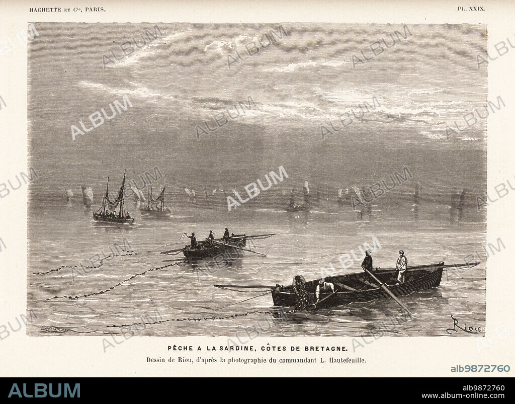 Fishing for sardine off the Atlantic coast of Brittany. Fishermen in small boats trawling with huge nets. Peche a la sardine, cotes de Bretagne. Drawing by Edouard Riou after a photograph by L. Hautefeuille. Woodcut by Henri Hildibrand from Alfred Fredols Le Monde de la Mer, the World of the Sea, edited by Olivier Fredol, Librairie Hachette et. Cie., Paris, 1881. Alfred Fredol was the pseudonym of French zoologist and botanist Alfred Moquin-Tandon, 1804-1863.