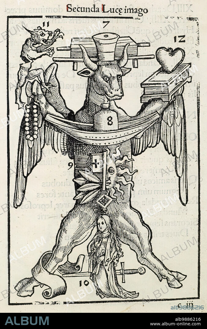 PETRUS VON ROSENHEIM. Ox, Gospel of Luke, 1502. Mnemonic, or memory, device, intended to help one remember the Gospel of Luke. His symbol, the ox, presents imagery representing key moments in each chapter. Latin text: Secunda Luce imago. Illustration from "Rationarum Evangelistarum" (Accounts of the Evangelists).