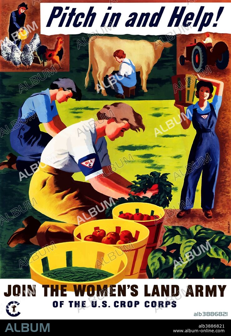 Vintage World War II propaganda poster featuring several women doing various chores on a farm. It reads, Pitch in and Help! Join The Women’s Land Army Of The U.S. Crop Corps.