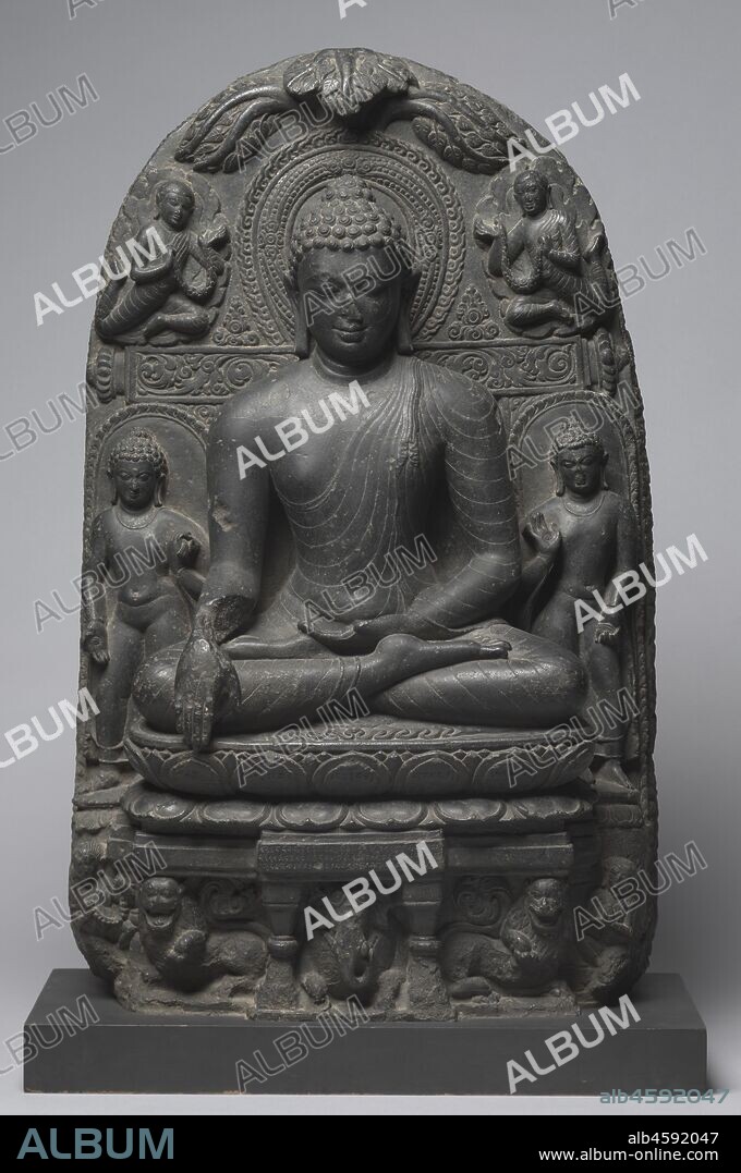 Buddha Calling on Earth to Witness, 800s. This sculpture is one of a series that depict the Buddha at different scenes in his life. Here, he is at Bodhgaya, the place where he achieved enlightenment. At the top of the composition are the branches of the ficus tree with its heart-shaped leaves, under which he achieved enlightenment. His hand gesture indicates that he is calling upon the goddess of the earth to witness the moment. During the Pala period of the eighth through 12th centuries in medieval India, Buddhism dominated and flourished in major monastic universities. After the fall of the Pala dynasty, the numerous battles between small kingdoms vying for power caused the destruction of the Buddhist monasteries, and Buddhist monks fled with texts and movable art to Nepal, Tibet, and Southeast Asia, so that by the 14th century, Buddhism was eradicated in India.