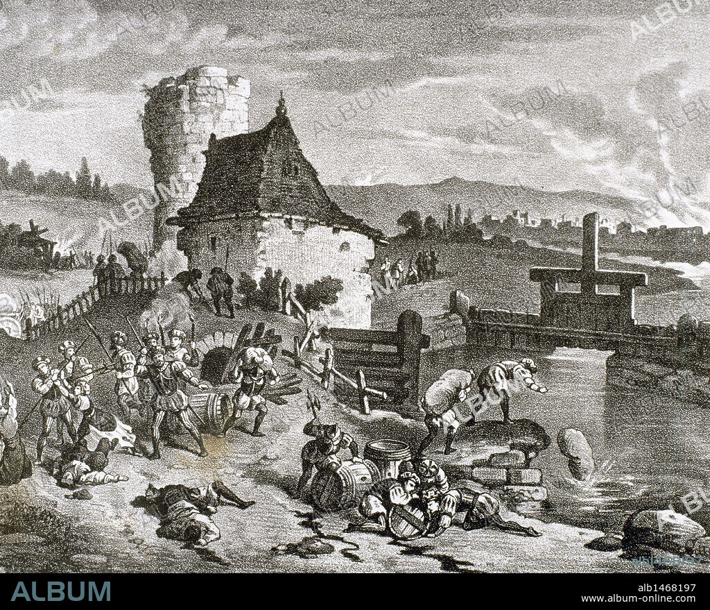 Thomas MUNTZER (1491-1525). Reformador alemán y lider revolucionario de los campesinos en la llamada "Guerra de los Campesinos Alemanes (1524-1525) ". Muntzer se unió a ellos en 1524. "INCENDIOS Y SAQUEOS LLEVADOS A CABO POR MUNTZER Y SUS GENTES, DURANTE LA REBELION DE LOS CAMPESINOS". Grabado del s. XIX.