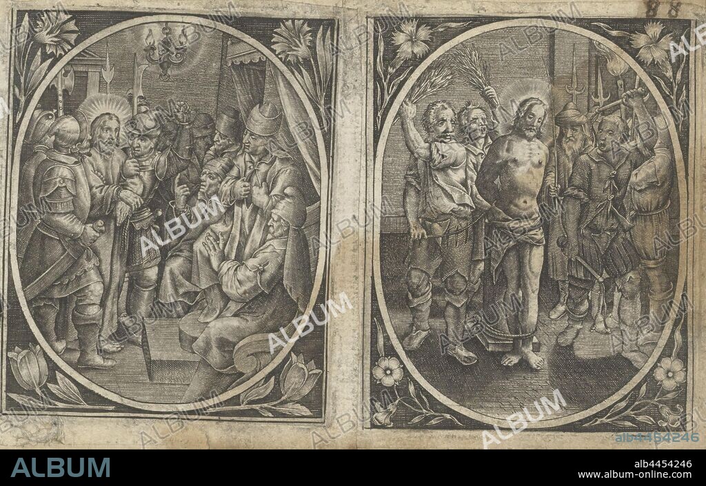 Christ before Caiaphas Passion of Christ (series title), Soldiers take the handcuffed Christ on their arm. He is being tried by Caiaphas. The high priest tears his robe and accuses Christ of blasphemy. Oval within a rectangular frame, a flower in every corner. The print is part of an album, Caiaphas tearing his clothes, trial of Christ, anonymous, 1576 - 1650, paper, engraving, h 83 mm × w 67 mm.
