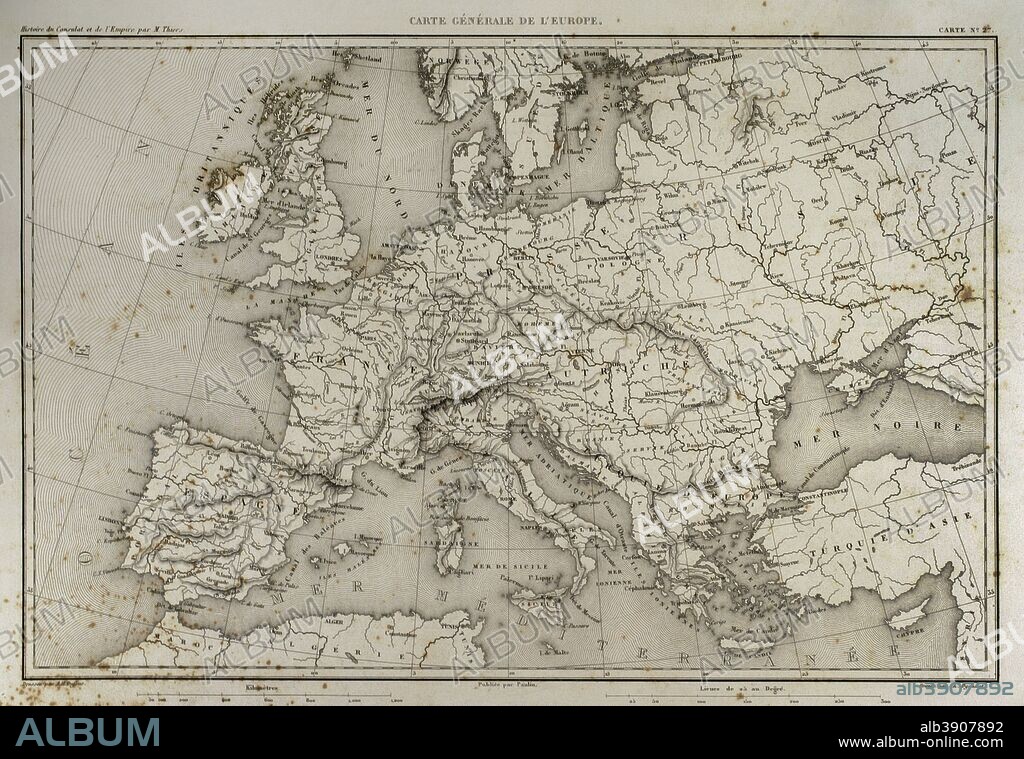 Mapa general de Europa. Historia del Consulado y del Imperio de Napoleón (Atlas de l'Histoire du Consulat et de l'Empire). Obra de Marie Joseph Louis Adolphe Thiers (1797-1877). Dibujos realizados por Dufour y grabados por Dyonnet. Editado en París, 1864. Biblioteca Histórico Militar de Barcelona. Cataluña, España.