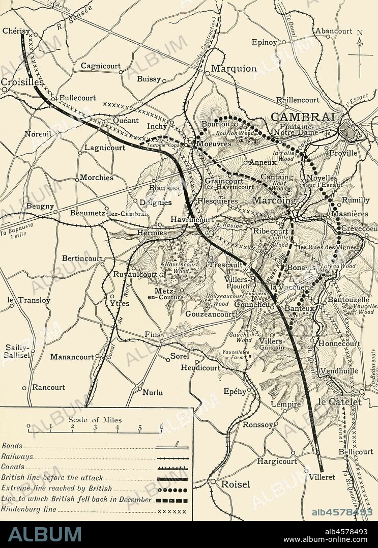 'Map illustrating the First Battles of Cambrai, November-December 1917', (c1920). 'Note - Hill shading is shown only in the area covered by the sphere of operations described'. The Battle of Cambrai during the First World War was fought around the town of Cambrai in northern France. Also indicated are: 'British line before attack', 'Extreme line reached by British', 'Line to which British fell back in December', and the 'Hindenburg line'. From "The Great World War: A History", Volume VII, edited by Frank A Mumby. [The Gresham Publishing Company Ltd, London, c1920].