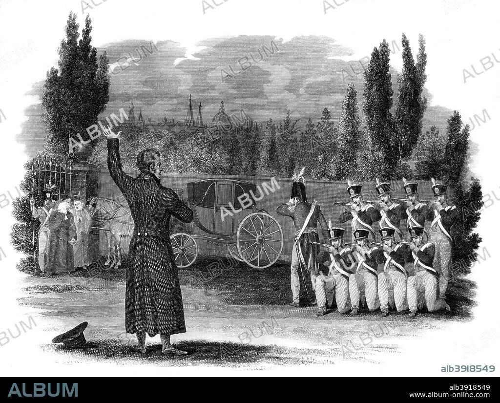 The execution of Marshal Ney, France, 1816. Ney (1769-1815) was made a Marshal of France in 1804. He commanded the French army at the Battle of Friedland (1807) and at Borodino and Smolensk (1812), after which Napoleon awarded him the title Prince of the Moskwa. Ney commanded the rearguard of Napoleon's epic retreat from Moscow, and the French centre at Waterloo (1815). He was shot for treason after the capitulation of Paris, giving the order to fire to the firing squad himself.