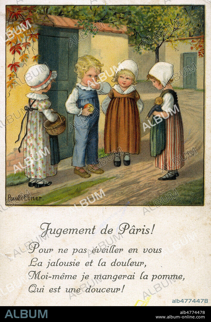'Jugement de Paris' : un engant confisque une pomme, sujet de discorde, qu'il va manger seul. Illustration par P. ETNER pour une carte postale vers 1910. Credit : Jean Vigne/KHARBINE-TAPABOR.
