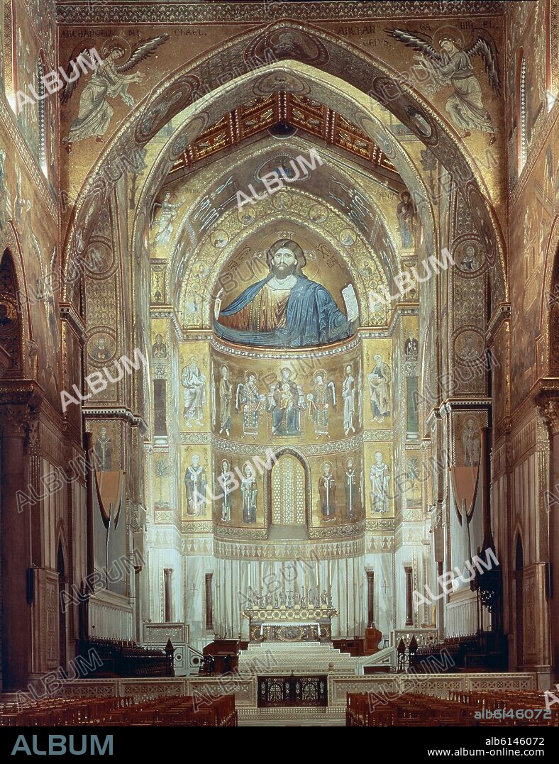 PRESBITERIO DE LA CATEDRAL DE MONREALE DECORADA CON MOSAICOS DE ESTILO BIZANTINO - ROMANICO SIGLO XII.