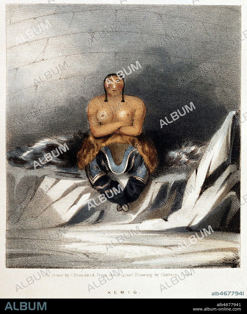 'Kemig' : femme esquimau les seins nus, dans son igloo. Illustration tiree de l'ouvrage de John ROSS (1777-1856) 'Narrative of a 2nd voyage... North-East passage', publie en 1835 (19eme, XIXe, 19e s.). Ouvrage conserve aux Archives et Bibliotheque de la Marine, a Vincennes. Credit : collection JEAN VIGNE /Kharbine-Tapabor.