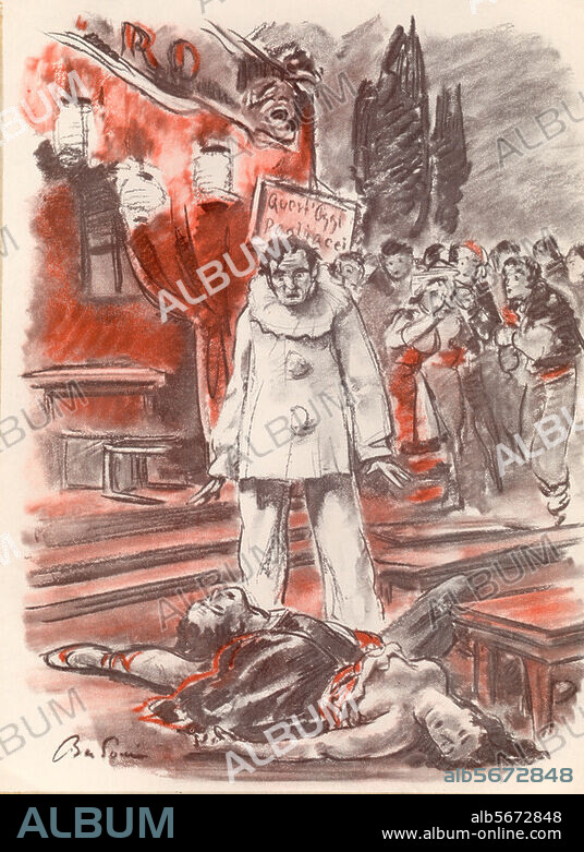 Leoncavallo, Ruggiero; Italian composer. 1857-1919. Works: I Pagliacci (The Bajazzo, opera, Libr.: the composer, UA 1892). Act 2, closing scene. Illustration of Raffaello Busoni, undated (30s?).