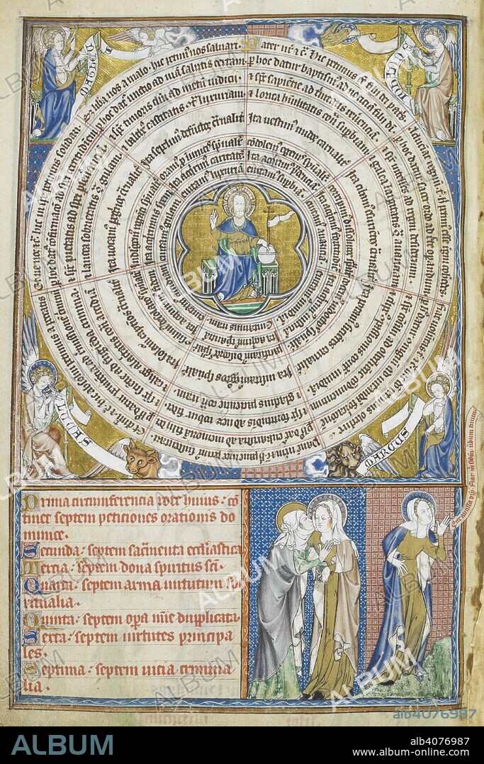 MADONNA MASTER. Wheel of Sevens. Psalter of Robert de Lisle. England [London?]; circa 1310. [Whole folio] Diagram of 7 concentric circles with inscriptions, each divided in 7 radial segments.The circles contain the 7 requests of the Lord's Prayer, 7 Sacraments of the Church, 7 gifts of the Holy Spirit, 7 spiritual weapons of the Virtues, 7 corporeal and spiritual works of mercy, 7 principal virtues, and 7 criminal vices. In centre, Christ in Majesty enthroned, holding a globe In the corners, evangelists with their symbols. Below, two scenes from the life of the Virgin; the Visitation and Virgin Annunciate.  Image taken from Psalter of Robert de Lisle.  Originally published/produced in England [London?]; circa 1310. . Source: Arundel 83, f.129v. Language: Latin.