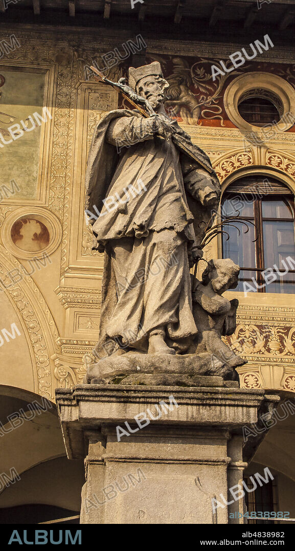 Vigevano, Pavia, Lombardy, Northern Italy.Statue of St. John of Nepomuk (San Giovanni Nepomuceno) in Piazza Ducale.