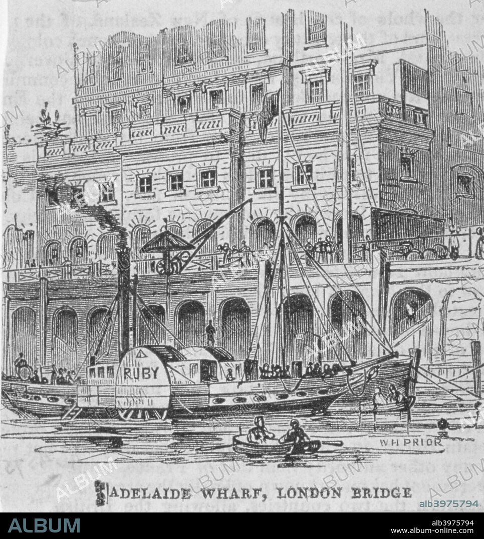 Adelaide Wharf, London Bridge, 1840. View showing the paddle steamer 'Ruby' on the River Thames.