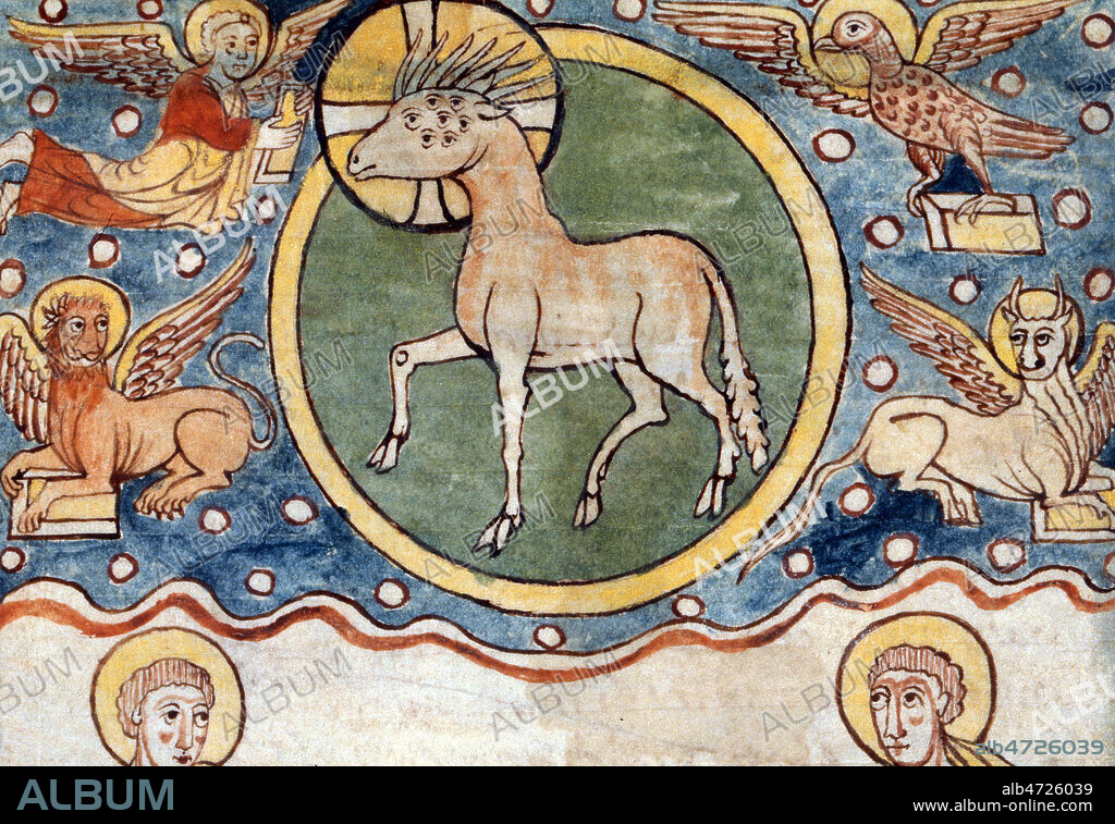 L'agneau aux septs yeux entoures des evangelistes. Enluminure de la bibliothque municipale de Cambrai.. Vision de Jean,l'agneau a sept cornes et sept yeux.Lle nombre " sept " signifie plenitude,d'achevement, totalite.Les cornes symbolisent force et autorite absolue dont Christ est investi,les sept yeux soulignent sa connaissance et sa sagesse parfaites et representent les 7 esprits du Saint-Esprit.L'agneau (le Christ) possede tout pouvoir,toute autorite,toute sagesse et toute connaissance et a recu l'Esprit sans mesure. Credit: Cheuva / KHARBINE-TAPABOR.