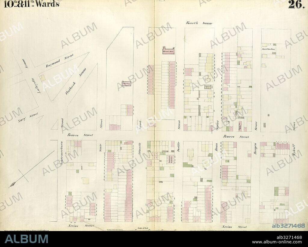 Plate 26: Map bounded by Schermerhorn Street, Powers Street, Fulton Avenue, Lafayette Street, Raymond Street, 4th Avenue, Wyckoff Street, Hoyt Street. 1855, William Perris, Brooklyn, New York, N.Y., USA.