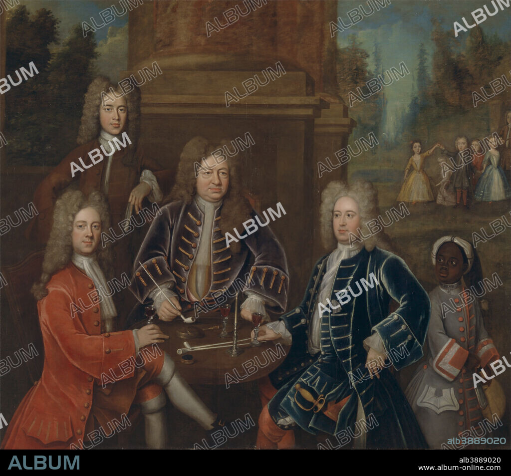UNKNOWN ARTIST. Elihu Yale, the 2nd Duke of Devonshire, Lord James Cavendish, Mr. Tunstal, and a Page. Date/Period: Ca. 1708. Painting. Oil on canvas. Height: 2,013 mm (79.25 in); Width: 2,356 mm (92.75 in).
