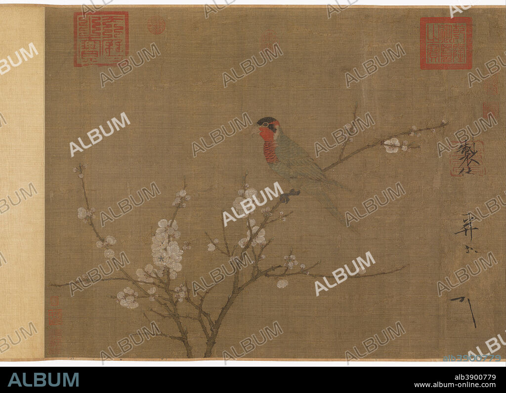 EMPEROR HUIZONG. Five-colored parakeet on a blossoming apricot tree. Date/Period: 1110 - 1119. Painting. Ink and color on silk. Height: 533 mm (20.98 in); Width: 1,251 mm (49.25 in).