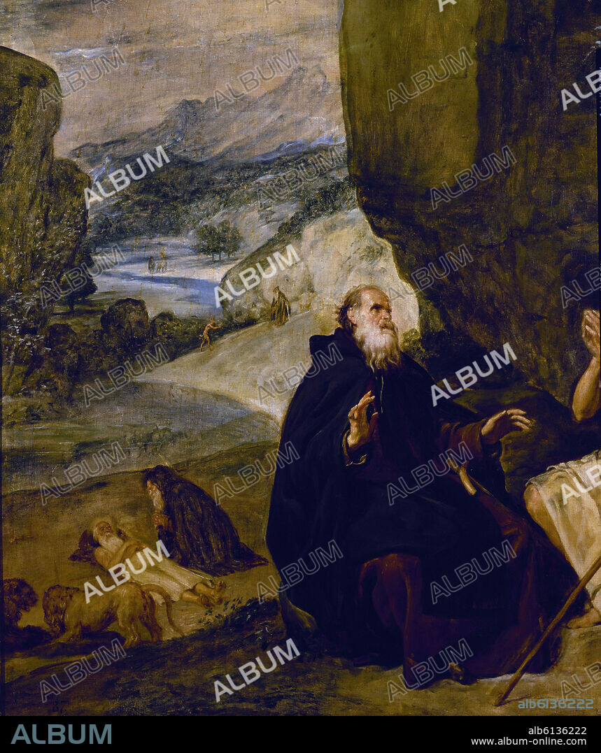 DIEGO VELAZQUEZ (1599-1660). SAN ANTONIO ABAD Y SAN PABLO PRIMER ERMITAÑO - DETALLE DE LAS DIFERENTES ESCENAS - 1634 - O/L - 257x188 - NP 1169 - BARROCO ESPAÑOL - CONJUNTO 7130.