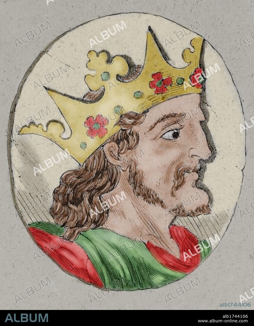 VERMUDO II (antes de 956-999). Rey de Galicia y León (984-999). La anarquia del reino leonés y las repetidas derrotas frente a los musulmanes de Ramiro III fueron aprovechadas por la nobleza gallega rebelde para coronar rey a su primo, Vermudo II. Grabado coloreado.