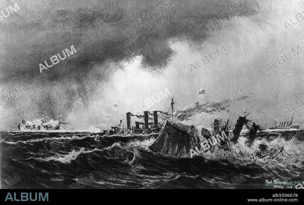 1. Weltkrieg: Seeschlacht bei Santa Maria vor der Küste von Chile am 1. Nov. 1914. Sieg der deutschen Panzerkreuzer unter Vizeadmiral Graf von Spee über das eng=. lische Geschwader. Gemälde von Paul Teschinsky, 1914.