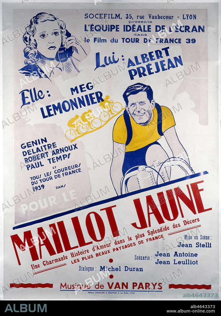 Affiche pour le film 'Pour le Maillot jaune, avec Albert Prejean et Meg Lemonnier', 1939. Credit Collection Perrin/KHARBINE-TAPABOR.