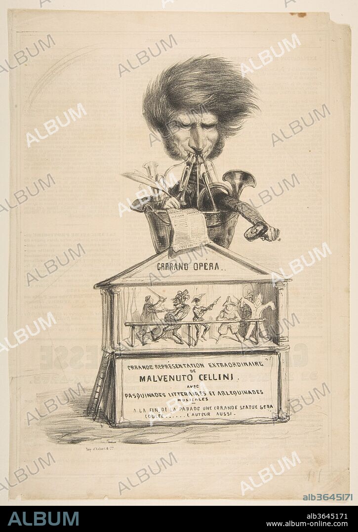 Caricature of Berlioz, from La Caricature Provisoire, no. 1. Artist: Benjamin Roubaud (called "Benjamin") (French, 1811-1847). Dimensions: sheet: 13 15/16 x 9 3/4 in. (35.4 x 24.7 cm). Printer: Printed by Aubert et Cie. Series/Portfolio: La Caricature Provisoire, no.1, 1 Nov. 1838. Date: 1838.