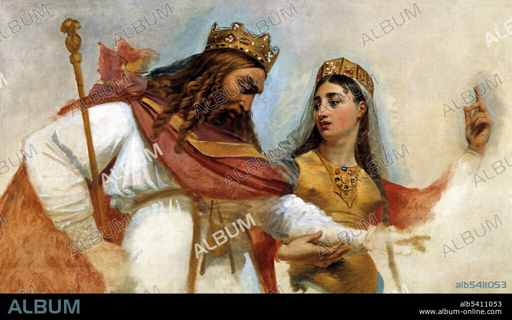 "Clovis and Clotilde" oil painting circa 1811 by French painter Jean-Antoine Gros (1771 - 1835). This is a sketch for his final piece in the dome of the Pantheon de Paris, formerly the Church of Saint Genevieve, the patron saint of Paris. Clovis (466-511) and Clotilde (474-545) were the first king and queen of the Franks to rule over all of the Frankish tribes united together. Considered the founder of the Merovingian dynasty which ruled for the next 200 years, Clovis changed the leadership from a group of royal chieftains to a single king who would pass on his kingship to his heirs. Clotilde is credited with convincing her husband to convert to Christianity, specifically Roman Catholicism, and for spreading Christianity in western Europe through her almsgiving, penitential works of mercy, and building of churches and monasteries. (Image is cropped and cleaned).