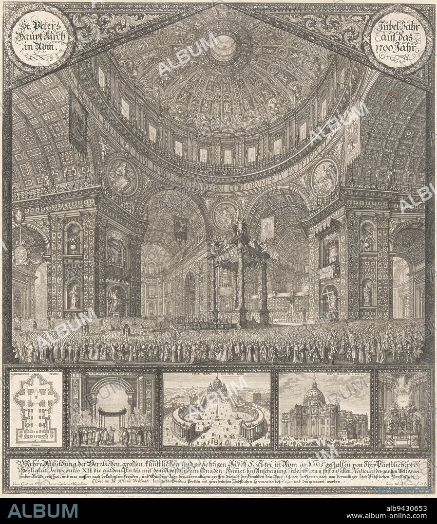 At the bottom of five shows: the map of St. Peter's Basilica, the Porta Sancta, St. Peter's Square in bird's-eye view, view of the side of St. Peter's Basilica and the Cathedra Petri designed by Bernini. Text in Latin in the lower margin and at the top, St. Peter's Basilica with a view of the canopy and dome., print maker: Johann Ulrich Kraus, (mentioned on object), publisher: Johann Ulrich Kraus, (mentioned on object), Clemens XI, (mentioned on object), 1700, paper, etching, h 490 mm × w 433 mm.