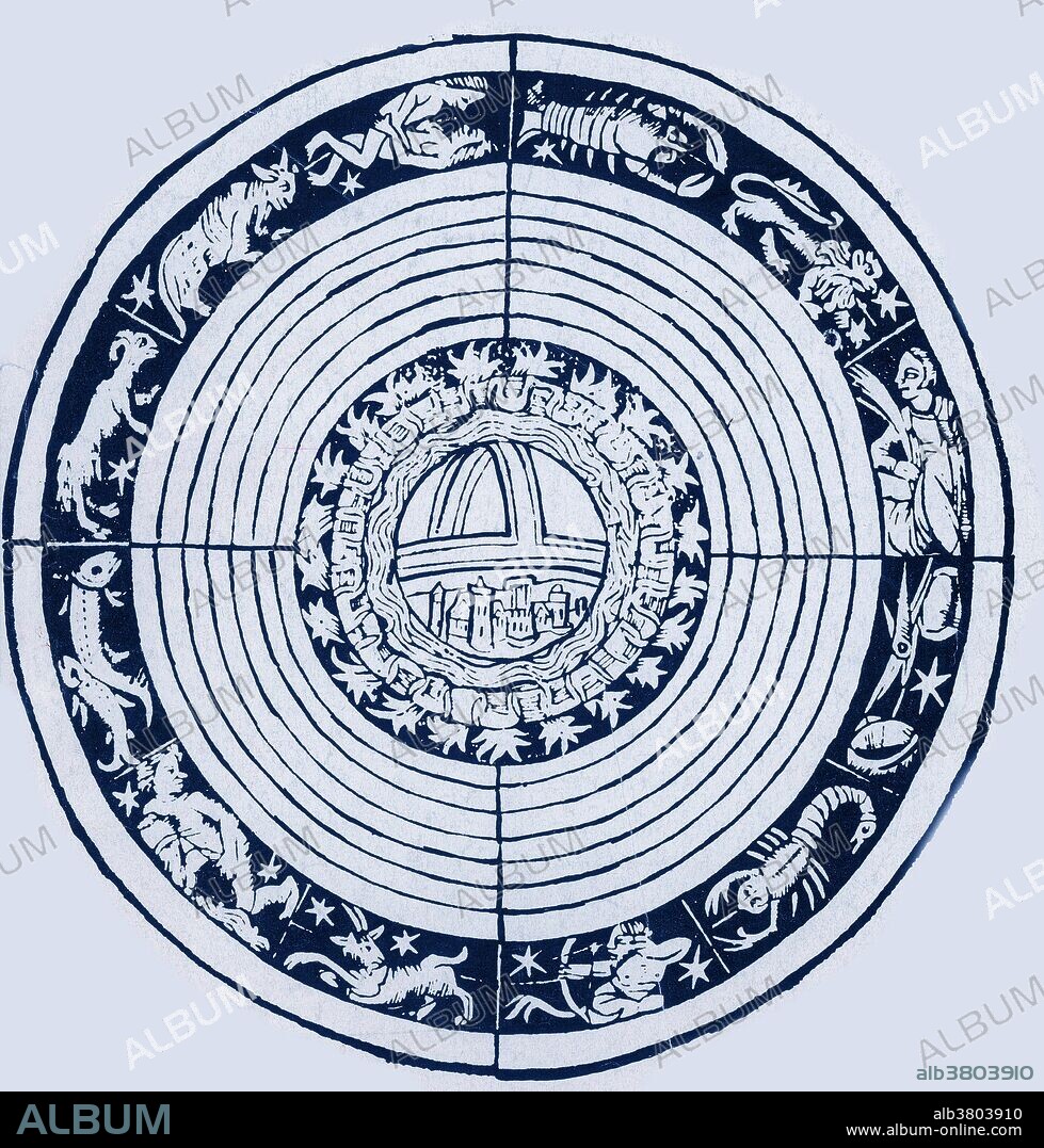 Medieval woodcut of a zodiac with inner concentric depicting the four elements (from the center outwards) of Earth, Water, Air and Fire. The image of Gemini shows the couple making love.
