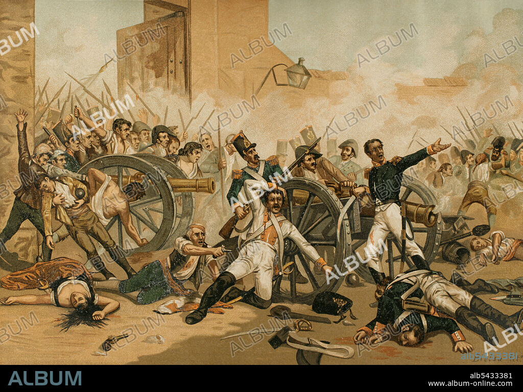 Guerra de la Independencia (1808-1814). Madrid, 2 de Mayo de 1808. Defensa del Parque de Monteleón. Los capitanes de artillería Luis Daoiz y Pedro Velarde se alzaron en armas contra los franceses. Ilustración a partir del cuadro de Sorolla. Cromolitografía. Historia General de España, por Miguel Morayta. Tomo IV. Madrid, 1892.