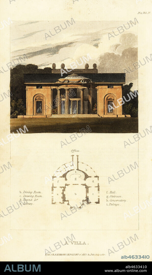 Plan and elevation of a Regency neoclassical villa. Floorplan shows dining room, drawing room, music room, library, hall, staircase, conservatory and passage. Handcoloured copperplate engraving from Rudolph Ackermanns Repository of Arts, London, 1817.