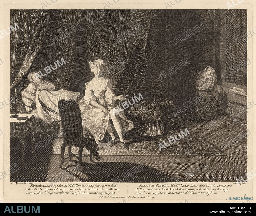 Pamela undressing herself (Mrs Jewkes being first got to bed) while Mr. B. disguised in the maids clothes, with the apron thrown over his face, is impatiently waiting for the execution of his plot., L. Truchy, 17211764, after Joseph Highmore, 16921780, British, 1745, Engraving.