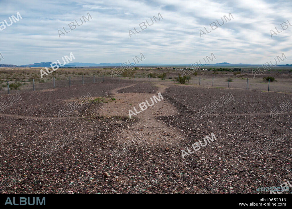 View of one of the Blythe Intaglios. Also called the Blythe Geoglyphs, they are a group of megalithic figures created by Native Americans (most likely the Mojave or Quechan Indians) by scraping away layers of dark rocks to reveal the lighter soil beneath. They are believed to date from 1000 CE.