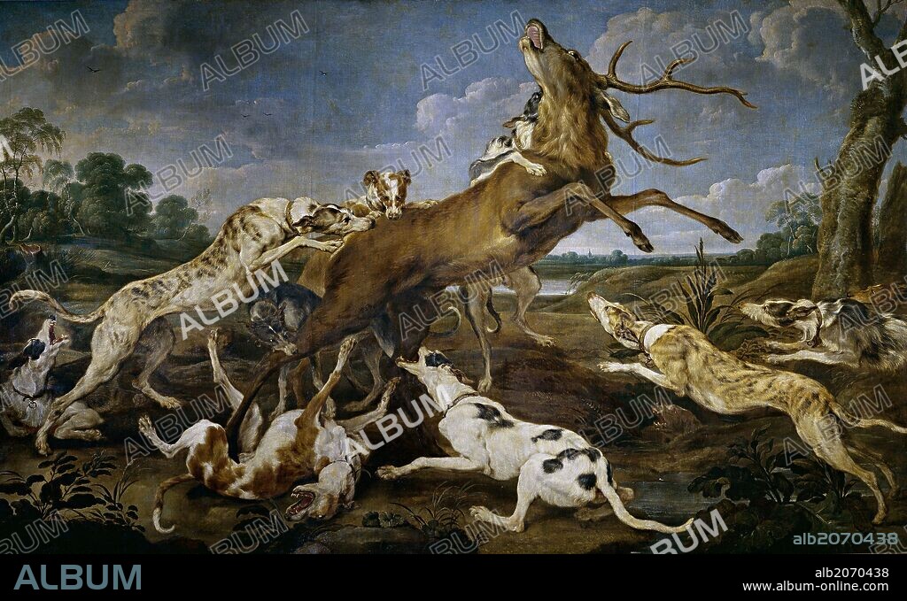 Paul de Vos / 'Ciervo acosado por una jauría de perros', 1637-1640, Escuela Flamenca, Óleo sobre Lienzo, 212 cm x 347 cm, P01870.